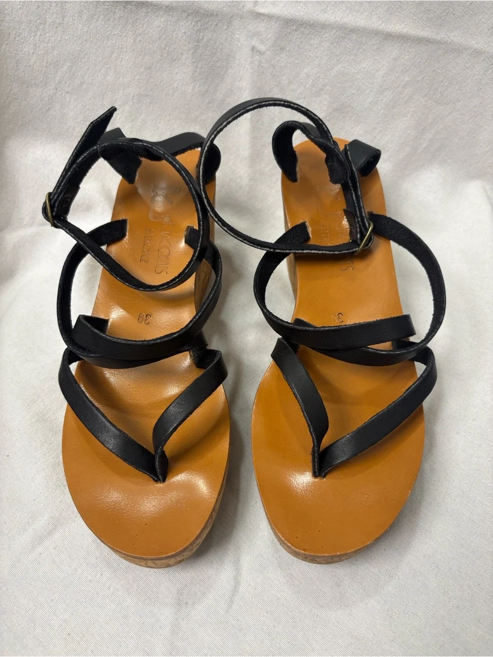 K.Jacques Black Strappy Cork Wedge Sandals Size 39/8.5